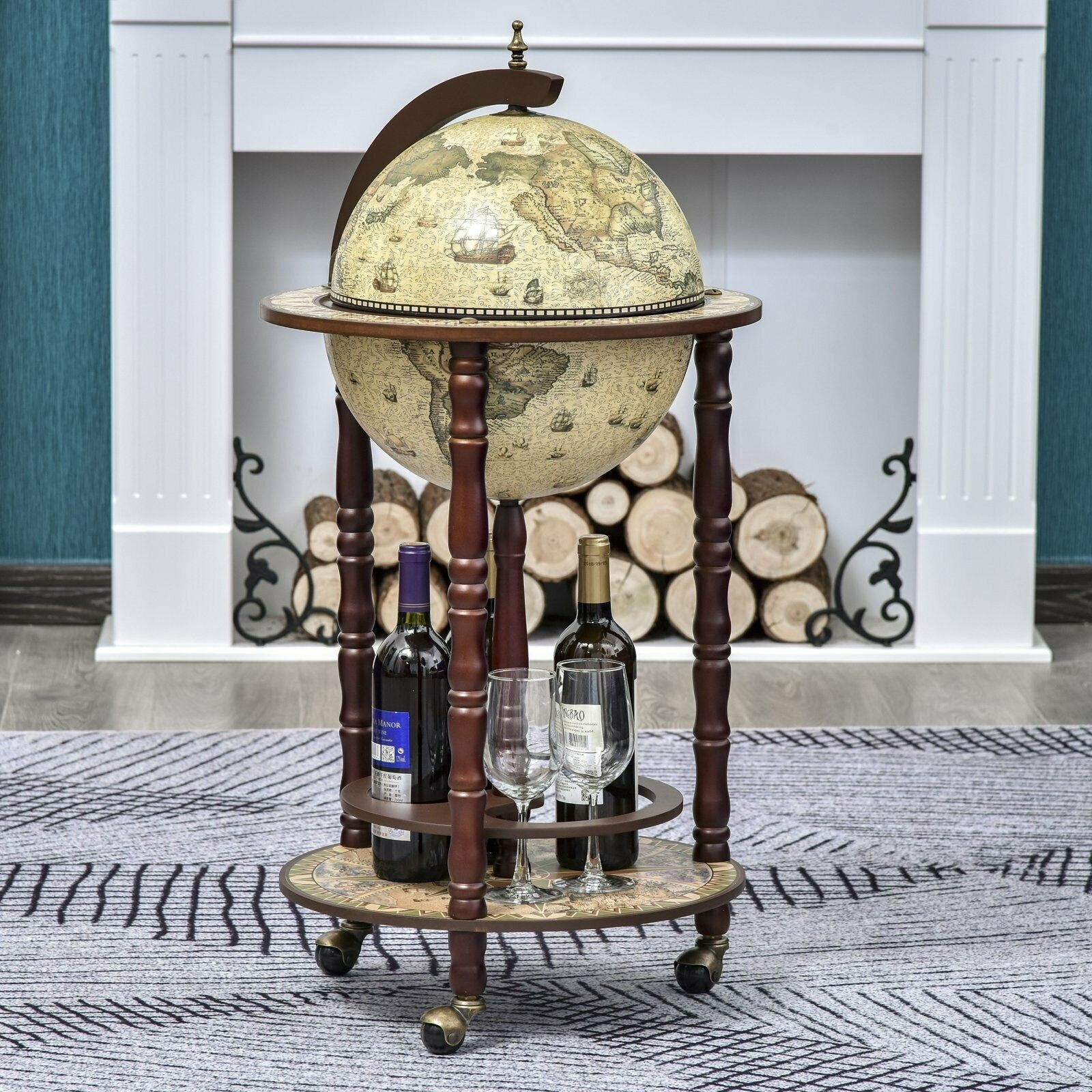 Globe Retro Style Mini Bar Drink Cabinet Mobile Wine Beverage Trolley